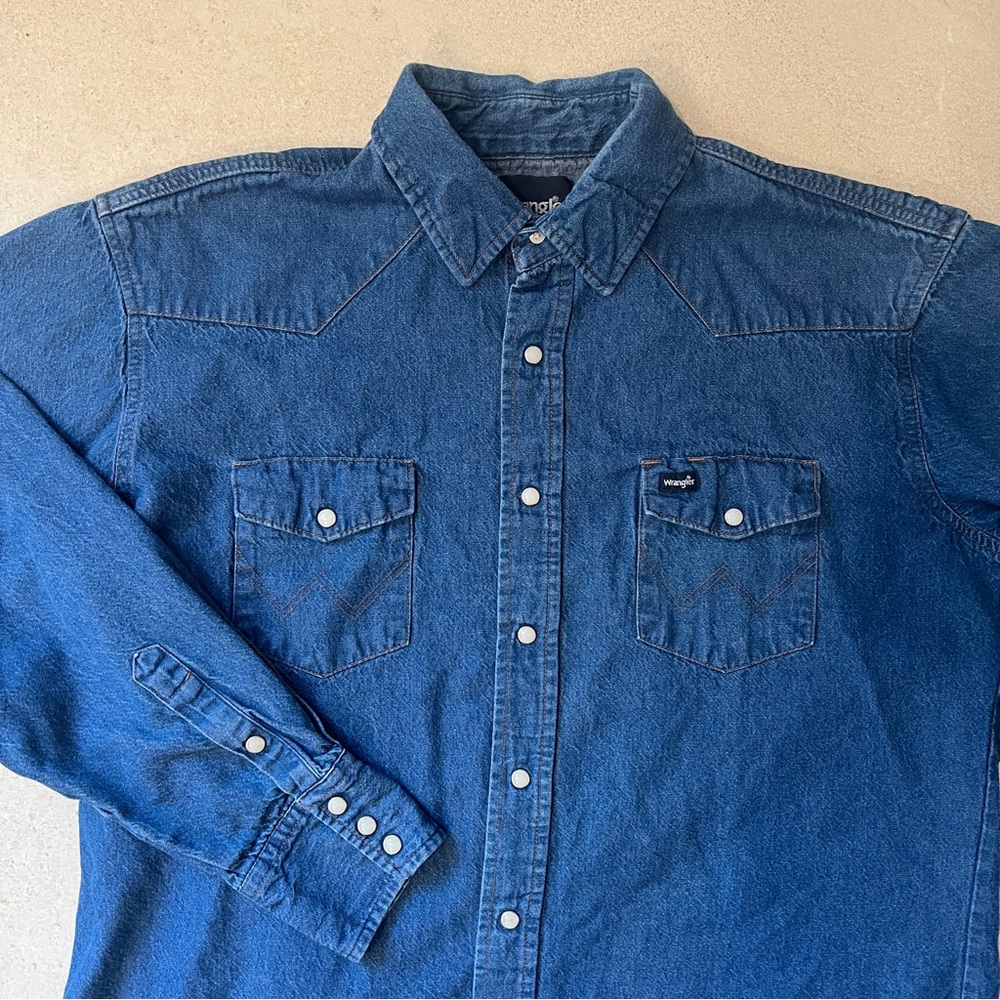 Wrangler Blue Denim Pearl Snap Western Cowboy Long Sleeve Shirt Men XL